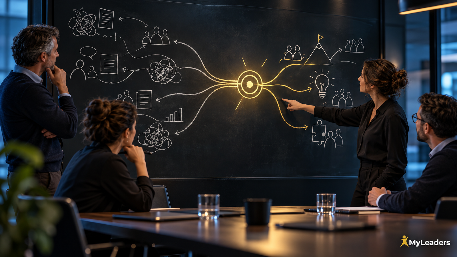Vier Führungspersonen betrachten ein Whiteboard, auf dem goldene Linien unterschiedliche Perspektiven zu einem gemeinsamen Zielbild verbinden
