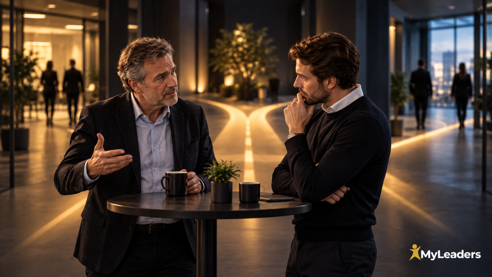 Ein erfahrener Mitarbeiter spricht beim Kaffee offen mit seiner Führungskraft, während sich hinter ihnen ein Weg in zwei Richtungen teilt